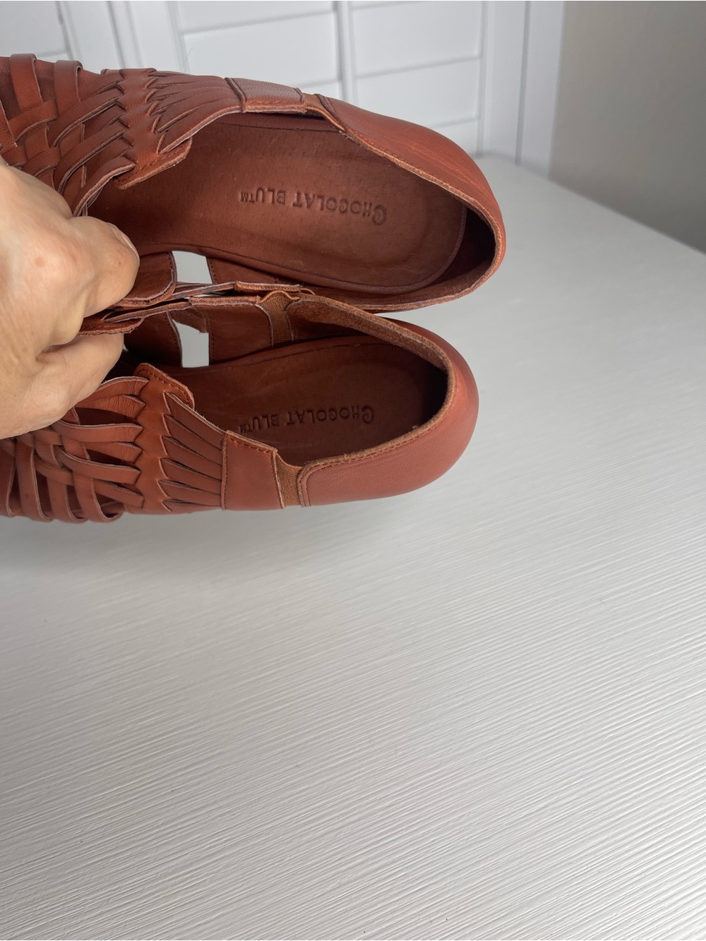 Chocolat Blu Woven Leather Cork Wedge Sandals - Cognac - Picture 8 of 8